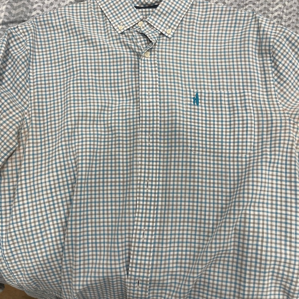 johnnie-O Light Blue, Grey, and White Plaid Shirt
